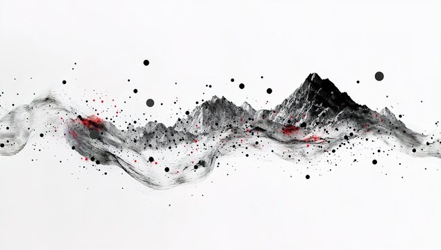 3D rendering of black and red dots on a mountain landscape, a data visualization concept with a low-poly wave pattern for a technology background. Digital dynamic sound waves