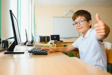 Elementary School Computer Science Classroom, Smart Little Schoolboy Works on Personal Computer
