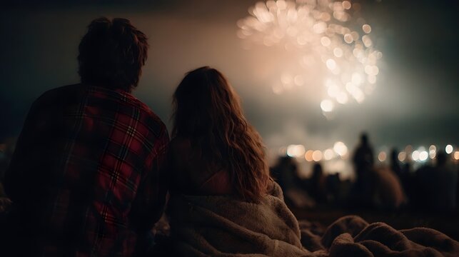 Couple wrapped in blanket watching dazzling fireworks display during a festive night