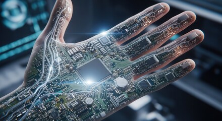 A human hand with a circuit board pattern on it, with a blurred background of a computer screen.