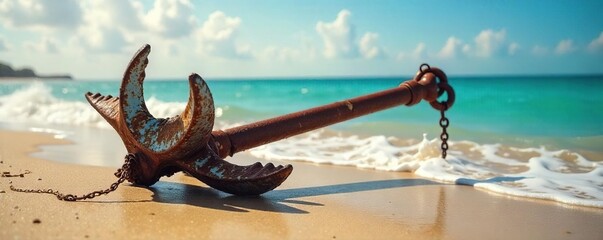 Weathered Anchor on Sandy Beach, Golden Sunlight Reflecting on Rusty Metal, Calm Ocean, Peaceful Seascape