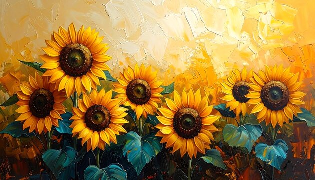 A vibrant oil painting of a field of sunflowers. The yellow and orange hues create a warm, cheerful atmosphere. The texture is thick with visible brush strokes