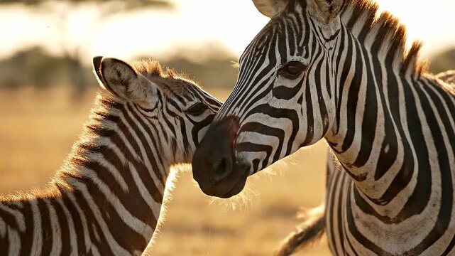 Two zebras embracing in warm light outdoors in Africa