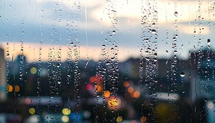 Raindrops on Glass with City Bokeh at Dusk