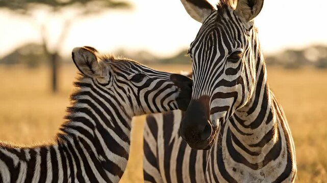 Two zebras standing and interacting in the golden savanna