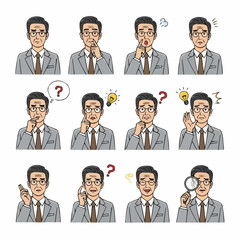 Set of Twelve Male Character Expressions — East Asian Businessman in Suit Vector Illustration
