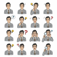 Set of Twelve Male Character Expressions — East Asian Businessman in Suit Vector Illustration