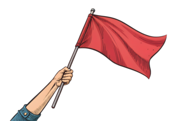 Hand holding a small waving red flag on a stick, isolated on a transparent PNG background. Perfect for protest graphics, alerts, safety warnings, national events, sports cheering, or attention and not