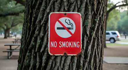 Clear No Smoking sign attached to a textured tree trunk in a park with blurred background