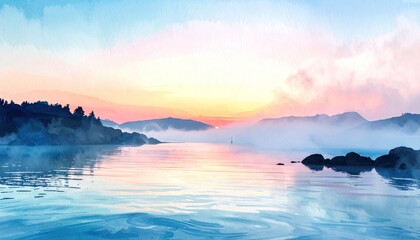 Pastel Sunset Coastline Mist Watercolor Painting