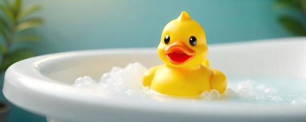Cheerful Yellow Rubber Duck in a Bubbly Bath, Perfect for Kids Bath Time and Playful Imagery