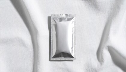 Blank Silver Foil Sachet Mockup on White Linen Fabric