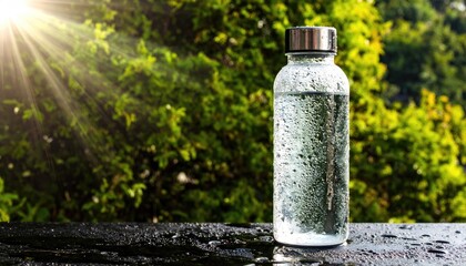 Glass Water Bottle with Condensation on Dark Surface Outdoors