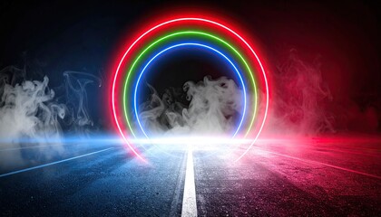 Abstract Cyberpunk Background with Glowing Neon Rings and Smoke