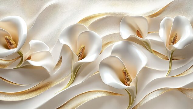 3D wallpaper with a stretch ceiling design featuring white and golden calla lilies, a decorative design.