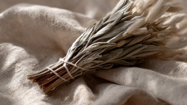 Close-up of a bunch of dried flowers tied together with a string. the flowers are white and appear to be dried and wilted. the stems are long and thin, and the flowers are arranged in a bunch.