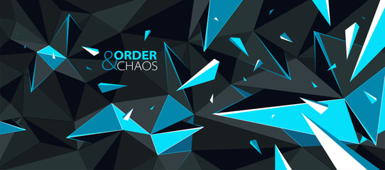 Abstract polygonal vector background of low poly surface and broken shapes particles in motion, black and blue colors order and chaos creative concept.