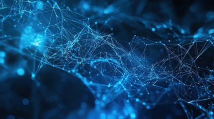 A vibrant abstract illustration featuring interconnected blue lines and dots, creating a digital network atmosphere with a dark background.