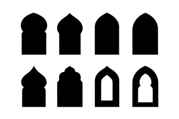 Fototapeta premium Variety of architectural window shapes in black silhouette design for decorative purposes in artistic projects