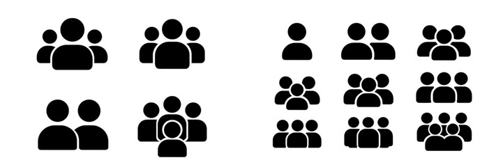 Various black and white icons representing groups of people for visual representation of social dynamics