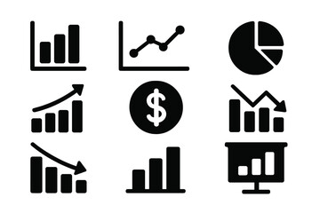 Collection of simple black icons representing various types of charts and graphs for data visualization in business