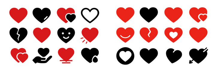 Collection of heart symbols in various styles representing love and emotions displayed on a simple white background