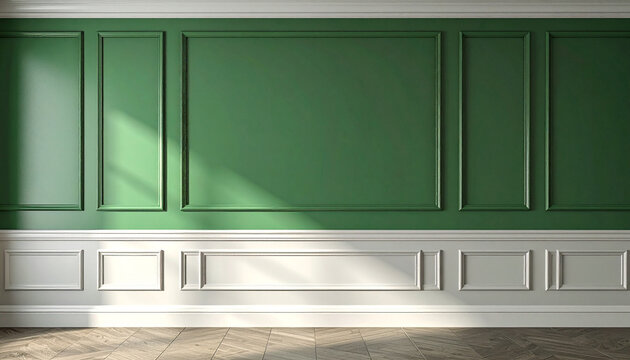 Luxury modern classic interior wall panel in bright green color with glossy white moulding and decorative trim captured in high resolution architectural photography
