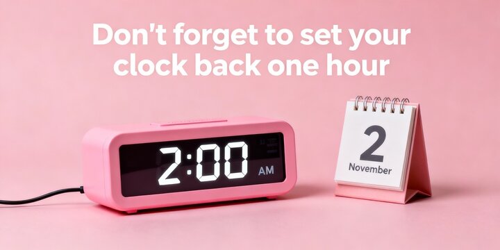 Fall Back Daylight Saving Time ends Reminder in pink minimalistic design