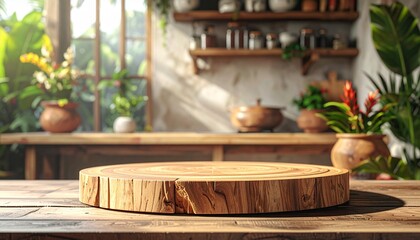 Wooden slice stage in a bright cozy kitchen