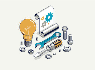 Innovation, invention and solution concept, light bulb with gear vector 3D isometric illustration or icon, technology and technics, mechanical engineering.