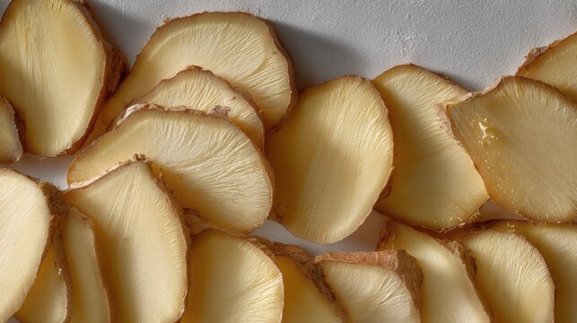 Group of sliced mushrooms arranged in a random pattern on a white surface. the mushrooms are light brown in color and have a smooth texture.
