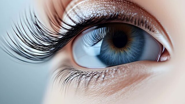 Woman's eye with long lashes opening to reveal a blue iris, beauty and cosmetics concept, video footage.