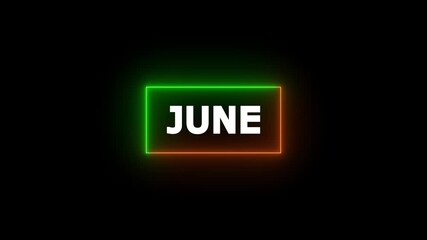 Abstract June text icon animation. Neon shine month name June text sign icon animation on isolated on black background.4k motion video