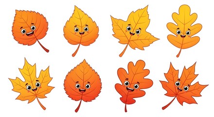 Obraz premium Cute Autumn Leaves with Faces - A Collection of Cartoon Fall Foliage Illustrations