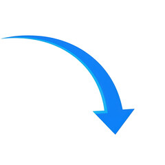 Blue curved arrow pointing down isolated on transparent background