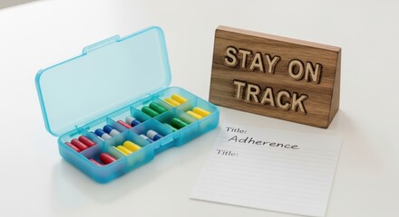 A pillbox with various colored pills and a Stay On Track sign
