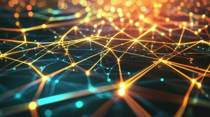 An intricate network of glowing lines and nodes, representing digital connections or data flows, with an abstract glowing background.