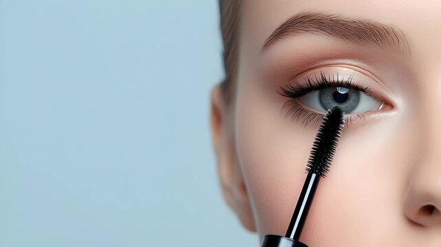 Woman applying mascara to upper and lower eyelashes, showcasing eye makeup application for cosmetic beauty care footage.