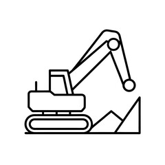 Outline drawing of an excavator digging into the earth on transparent background