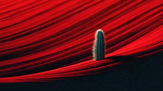 Striking minimalist desert landscape with a lone cactus on vibrant red sand dunes, forming abstract natural patterns under harsh light.