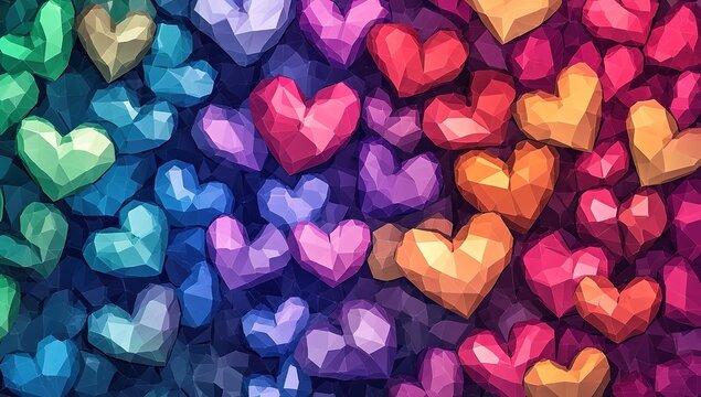 A background of colorful low-poly hearts in various sizes and shades, arranged to create an abstract heart pattern. The colors range from deep blues for the large shapes like diamonds or gems - Powered by Adobe