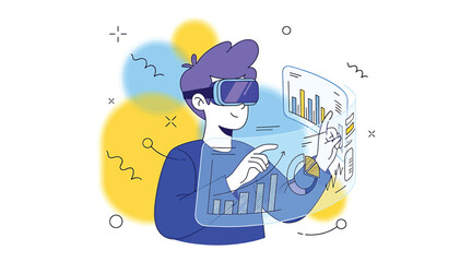 Vector art of a person wearing a virtual reality headset interacts with data displayed in the air, the future of data analysis and visualization