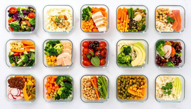 Overhead View of Healthy Meal Prep Containers with Balanced Portions