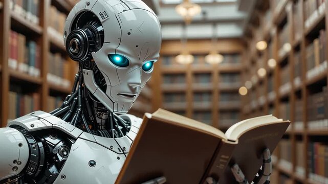 Humanoid robot reading book in modern library. Concept of artificial intelligence learning and future education
