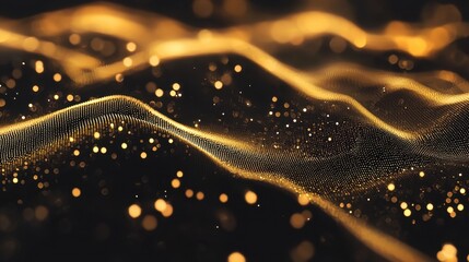 A mesmerizing abstract background showcasing flowing golden waves with sparkling particles against a dark backdrop, evoking a sense of elegance and calmness.