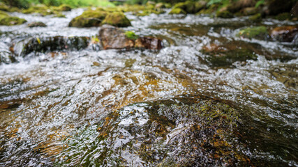 Close-up texture of rushing stream water over mossy, submerged rocks in a riverbed