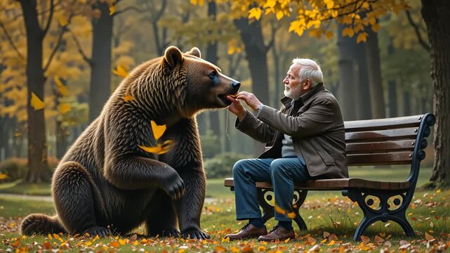 Elderly man feeding a brown bear in autumn forest, golden leaves around. Concept of kindness and harmony with nature