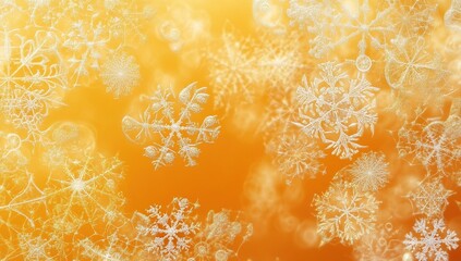 A background of golden snowflakes with white patterns, glowing and sparkling on the screen. The background is a gradient from yellow to orange
