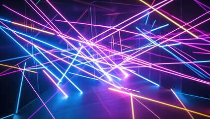 A background of neon laser beams and light streaks, in shades of pink, blue, purple, and black
