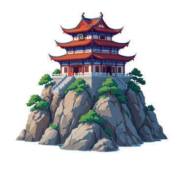 3D Crimson Pagoda on Rock with Transparent Background, Illustration for Digital Media